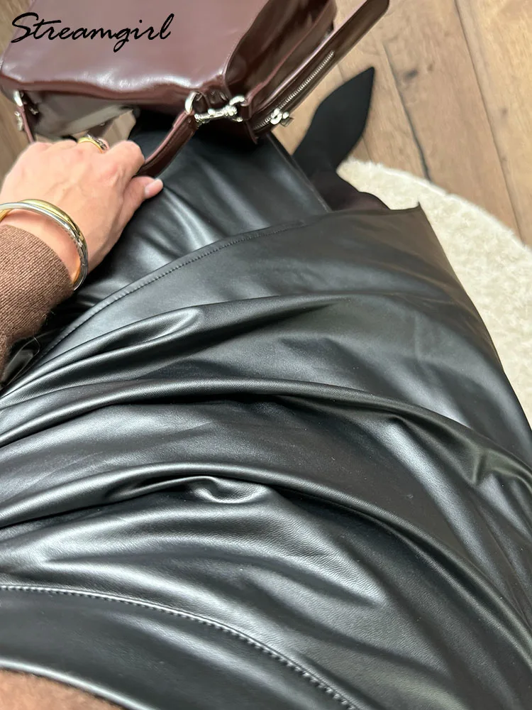 女性ミディレザースカートセクシーなスプリットハイウエストジッパー PU フロントスリットスカートレディースブラックフェイクレザー折りスカート女性のための