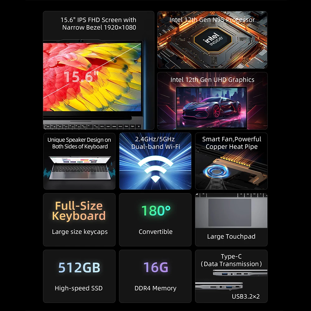 BMAX 15,6" X15 Pro 16 GB RAM 512 GB SSD Intel N95 CPU Windows 11 Notebook 1920*1080 Dual Wifi USB PC laptop DDR4