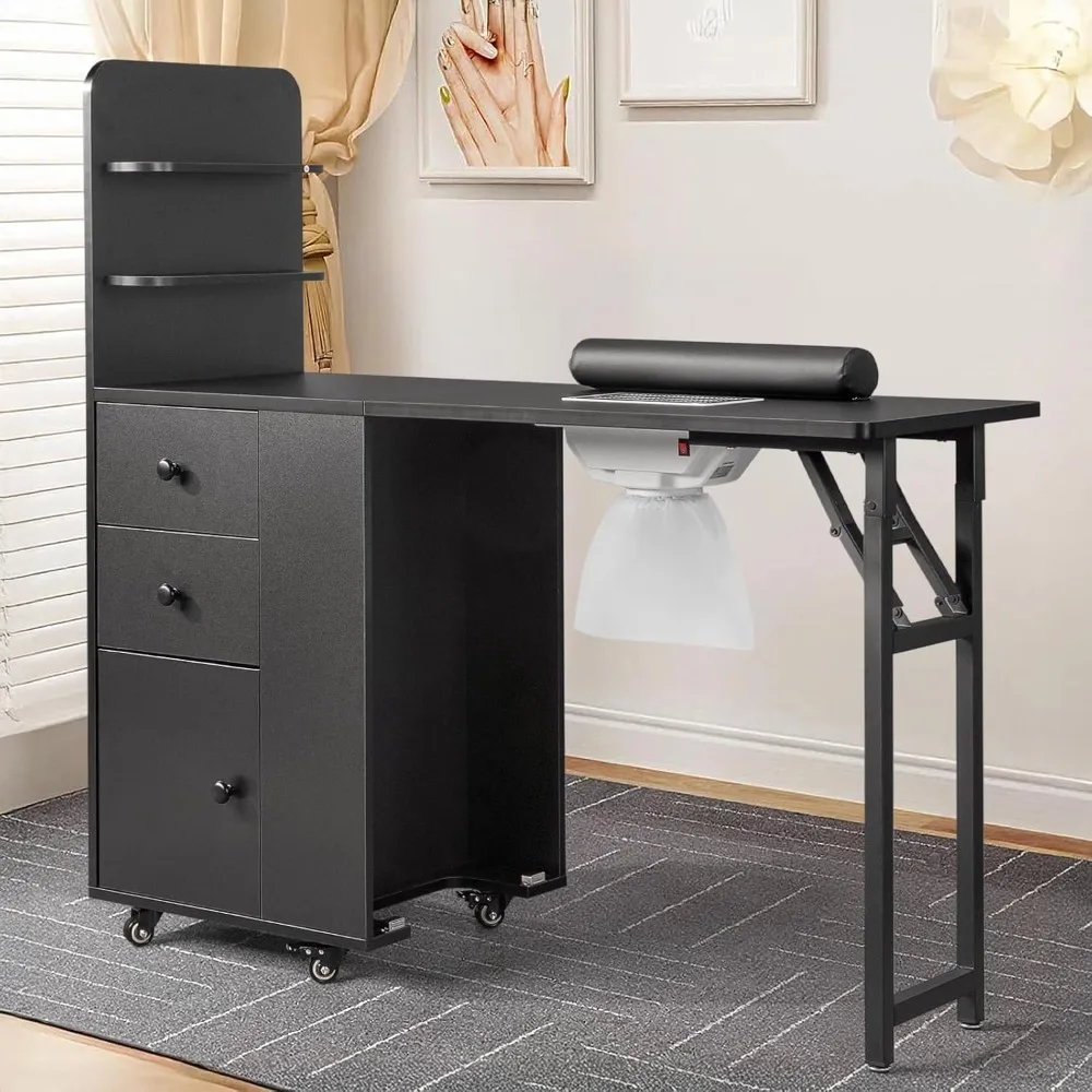 Foldable Manicure Table for Nail Tech, Nail Desk Station Makeup Beauty Salon Storage Table w/2 Open Shelves, Electric Dust