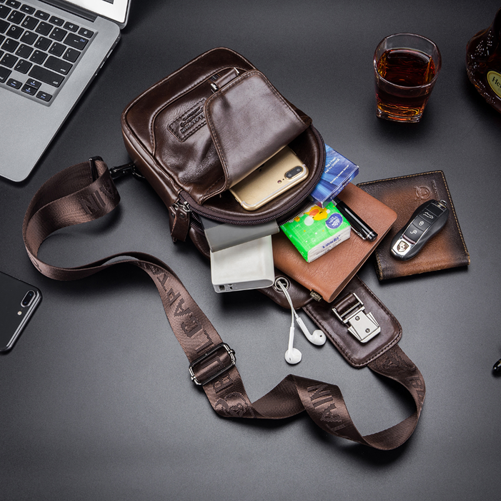 BULLCAPTAIN Herren-Brusttasche aus echtem Leder, modische Umhängetasche mit Botschaft