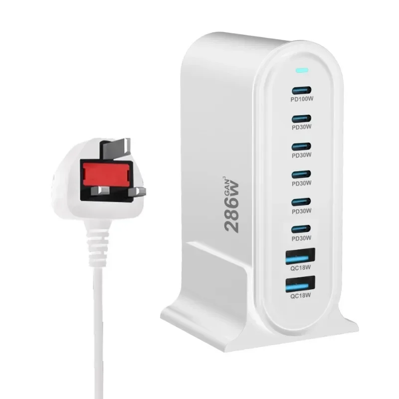 Pengisi daya Cepat Desktop GaN 286W, pengisi daya USB Tipe C PD 8 port 3.0 USB Tipe C 100W PPS