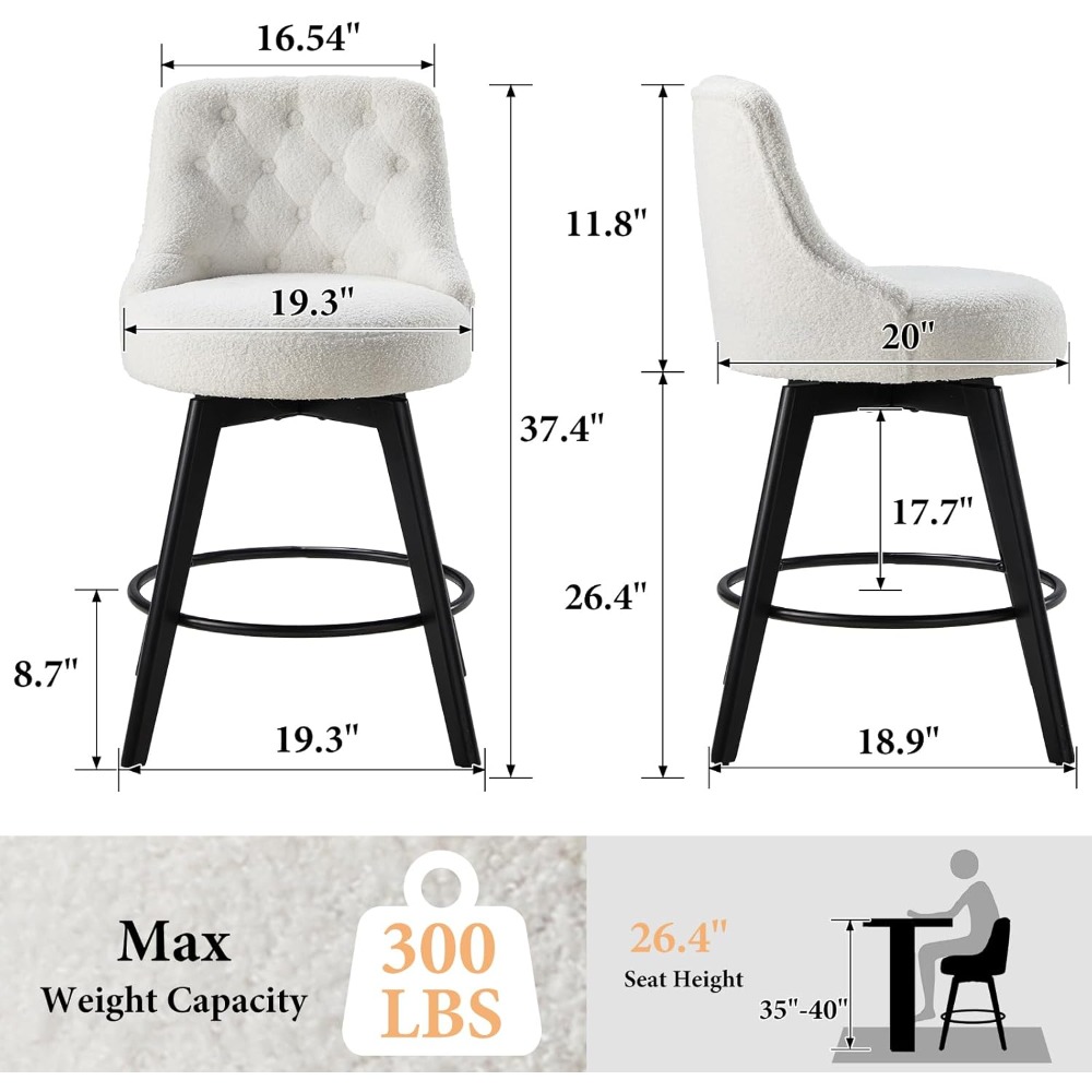 Modern Bar Stools Set of 2, Boucle Swivel Counter Height Stools with Back, Upholstered Barstools with Wood Legs, 26" Height Seat