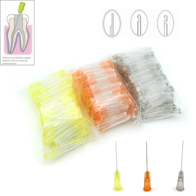 100 sztuk Dental Endo końcówka igły do ​​nawadniania 25G/27G/30GA 30G Endo strzykawka mycie kanału korzeniowego końcówka igły materiały stomatologiczne
