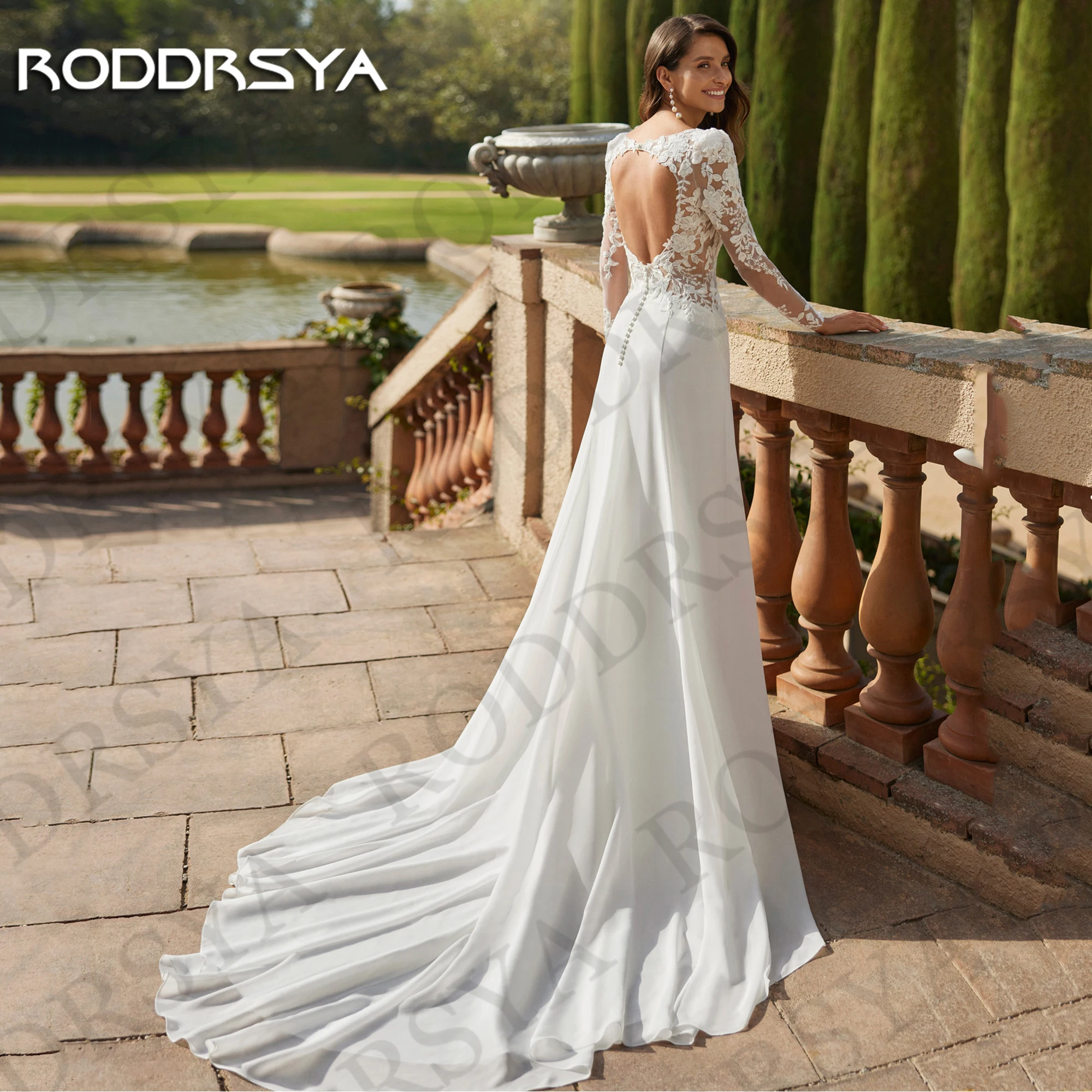 RODDRSYA Graceful Backless Wedding Dresses for Bride Boho Illusion Lace Long Sleeves A Line Chiffon Bridal Gown Customized Women