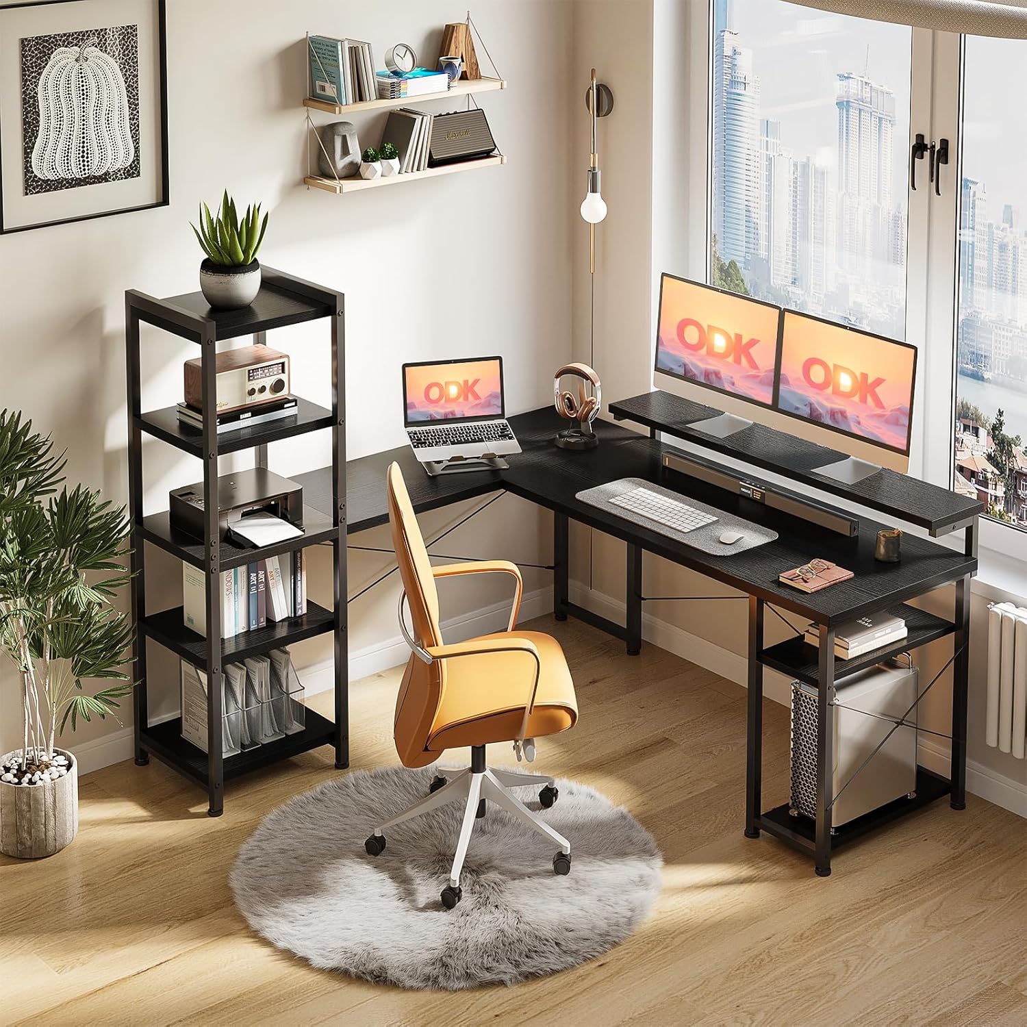 Réductions à durée limitée--ODK Bureau avec Étagère, Bureau en L avec Support de Moniteur Long, Noir 155×140cm