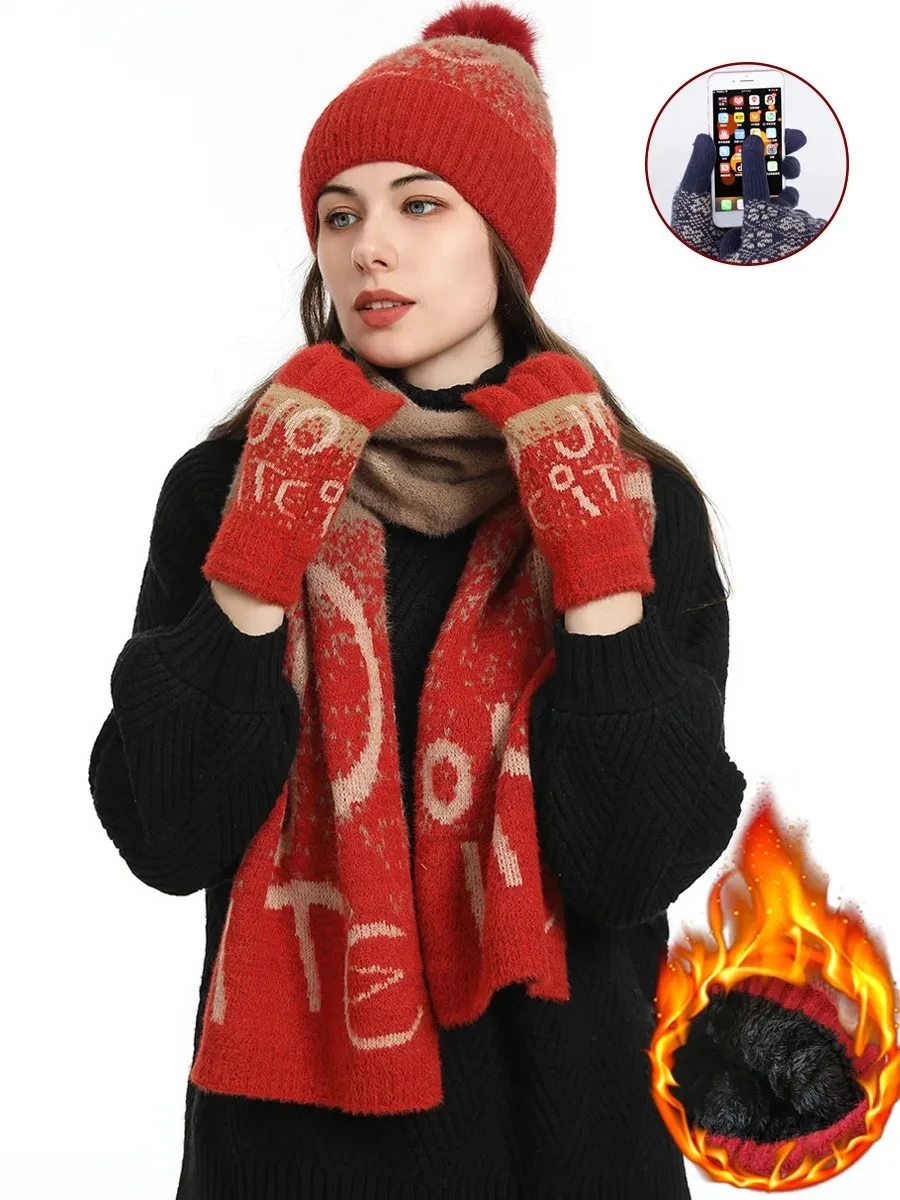 3 uds guantes de bufanda de punto de invierno para mujer conjunto de gorro forrado de lana cómodo suave Casual cálido conjunto de guantes rojos conjunto a prueba de viento al aire libre