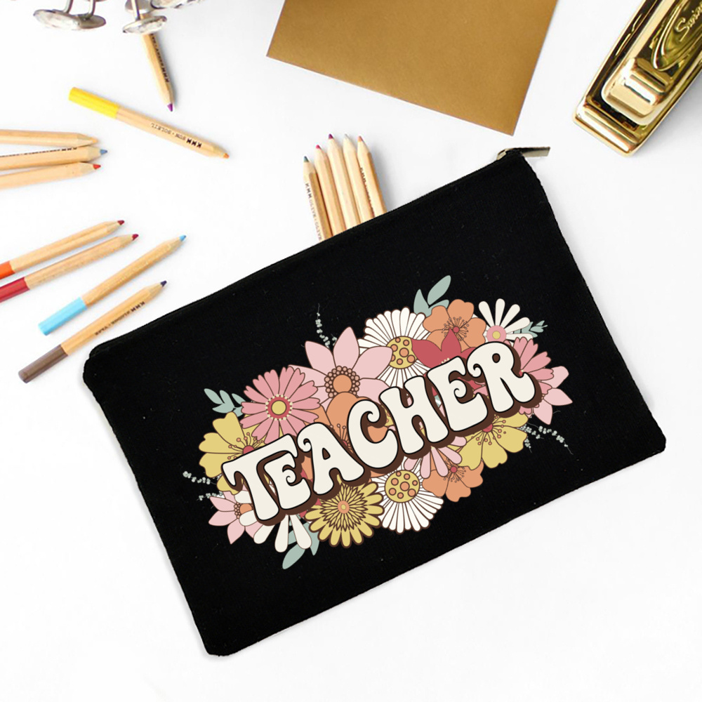 Bolsas de almacenamiento de suministros de papelería escolar con estampado de flores para profesores, bolsa de lavado, bolsas de cosméticos, estuche de lápices de regalo para profesores, bolsa de maquillaje de viaje