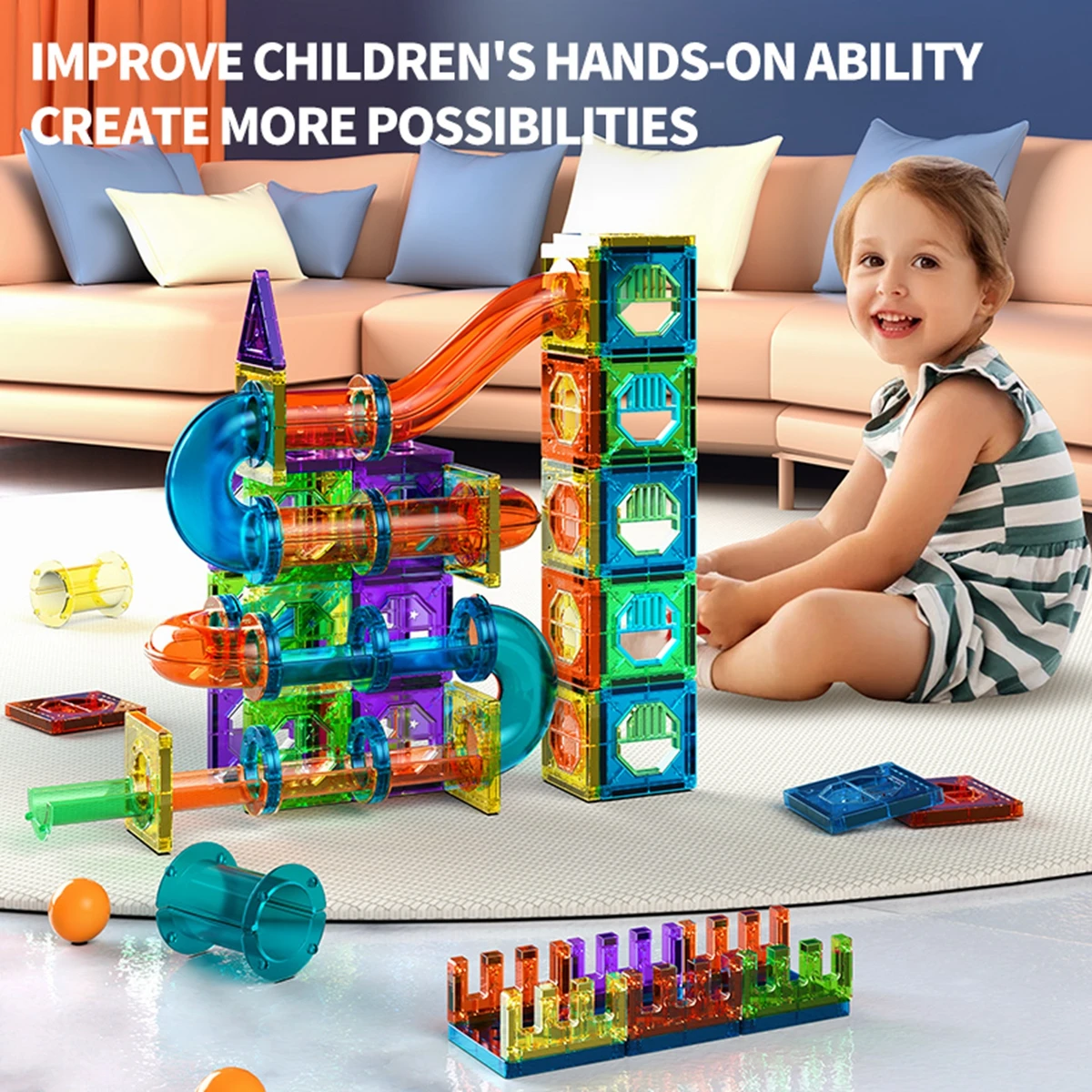 子供用ライト磁気タイルビルディングブロック、3Dクリア教育STEMビルディングおもちゃ、子供用磁気マーブルランブロックおもちゃ