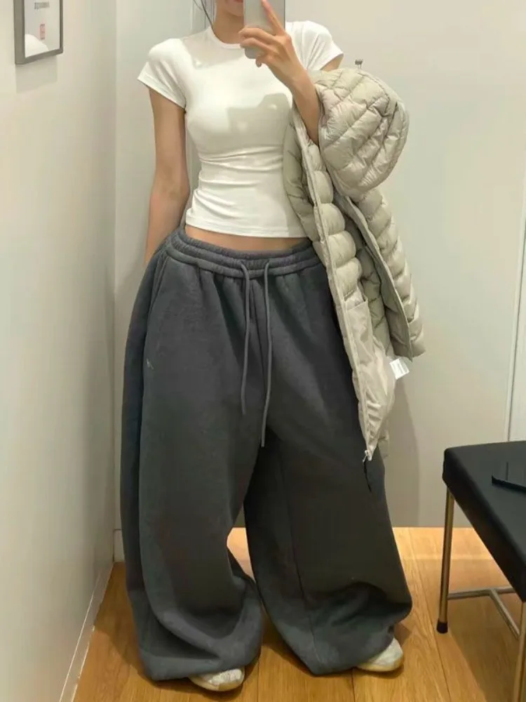 Y2K-pantalones de chándal grises para mujer, ropa de calle coreana holgada de gran tamaño, pantalones deportivos que combinan con todo, pantalones de pierna ancha informales con cordón de cintura alta