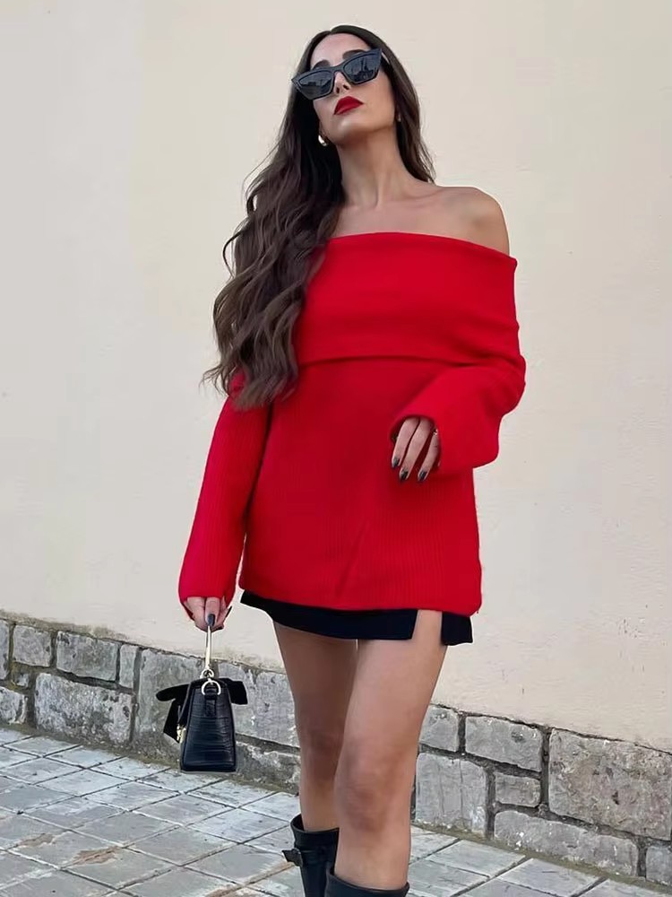 Hh moda feminina sólida fora do ombro camisola de manga longa pulôver de malha camisola outono feminino casual malhas chique topo