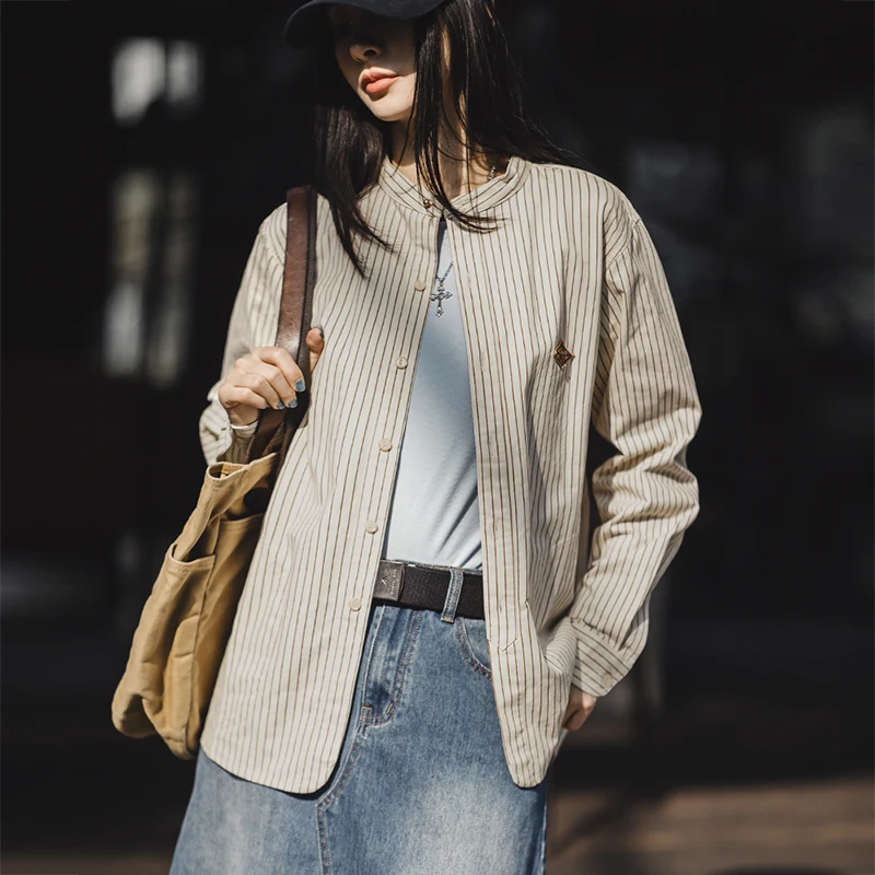 Maden Stand Collar Striped Shirts for Women Loose Fit Long-sleeved Cotton Blouses Ladies Spring and Autumn Shirt Jacket Soft Top