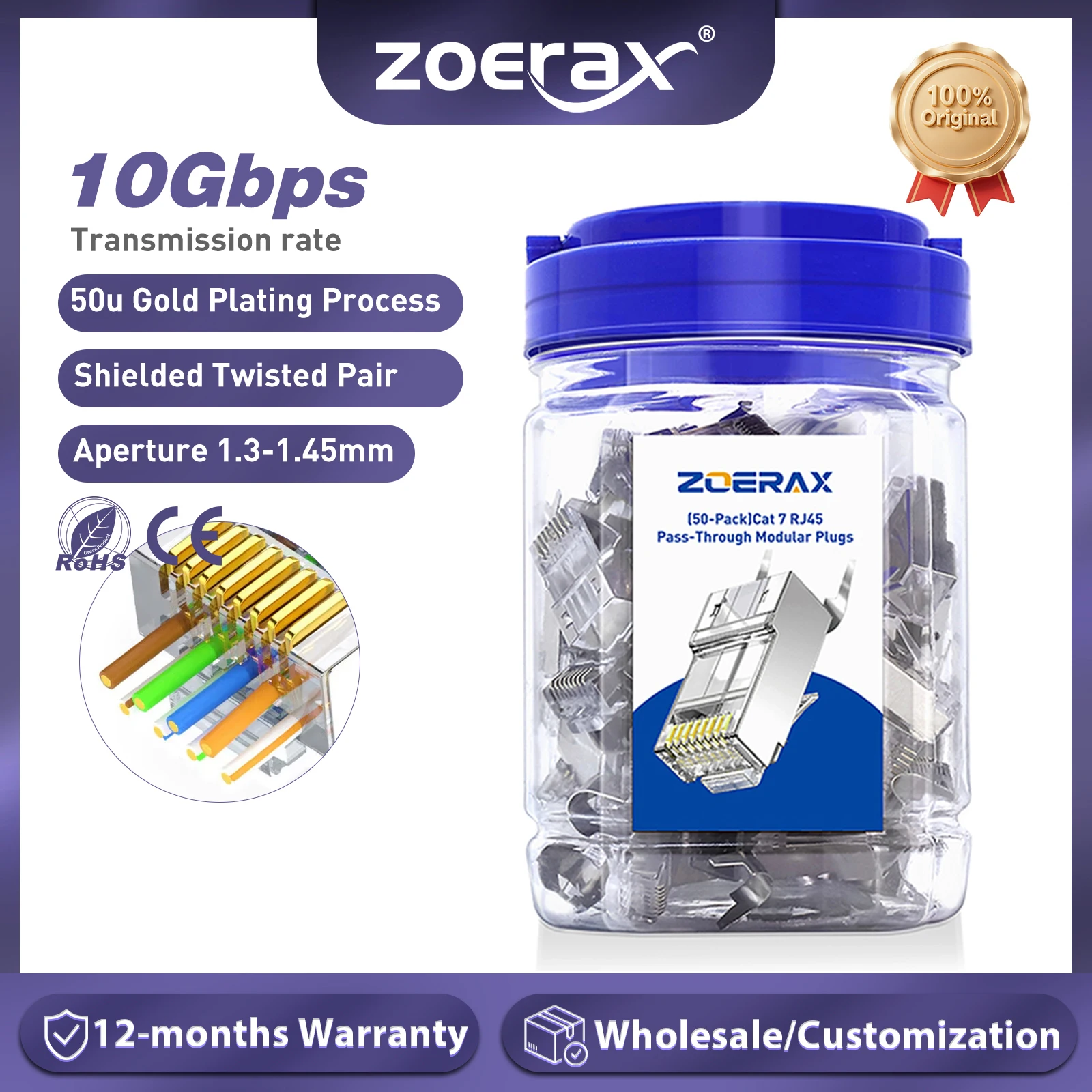 ZoeRax, 50 шт., экранированные разъемы RJ45 Cat7 Cat6A, сквозные разъемы — 3-контактный, 8P8C, 50U, позолоченный, 2-компонентный разъем Ethernet-кабеля