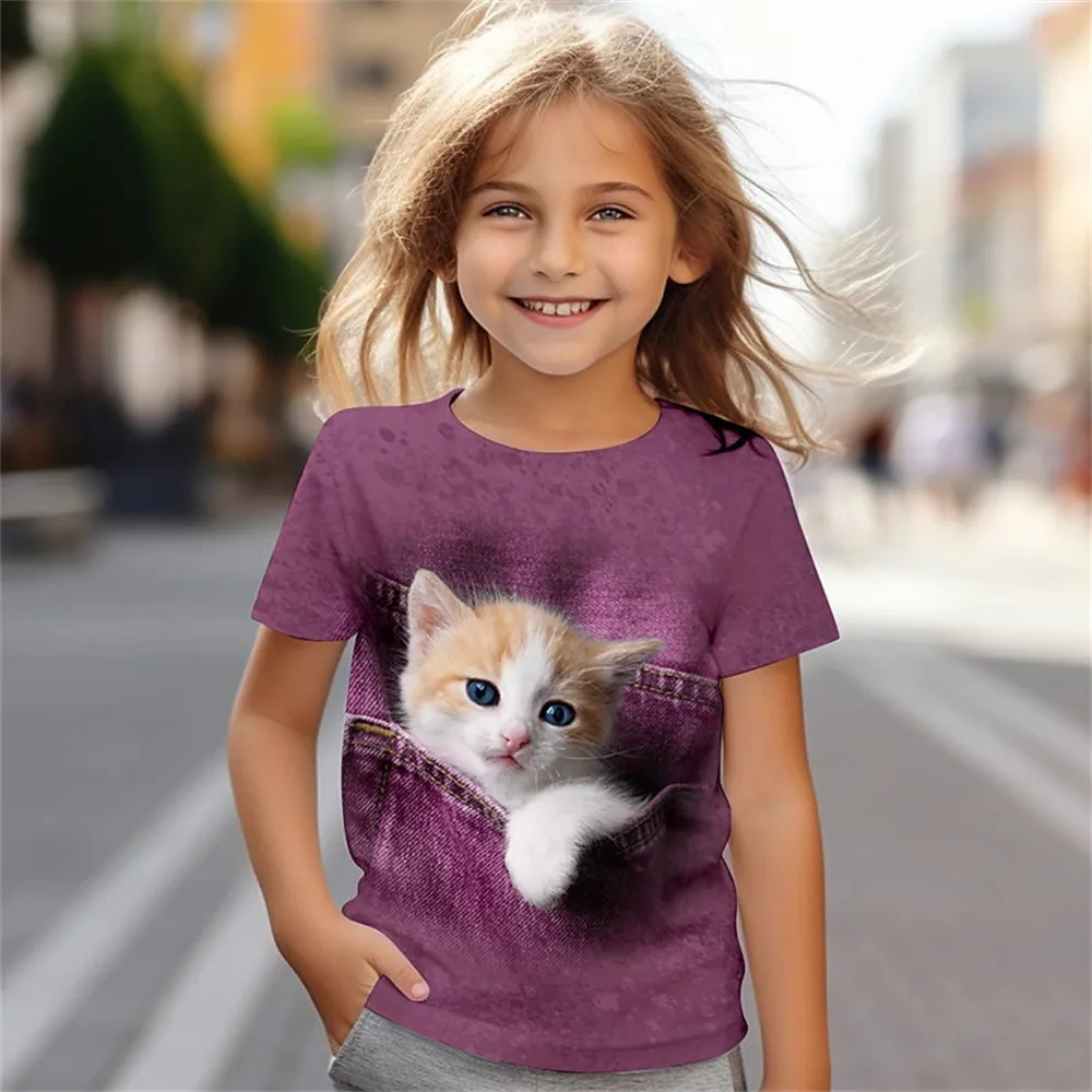 สาวเสื้อผ้า 3D Cat พิมพ์เสื้อผ้าเด็กแขนสั้น Tee Tops ฤดูร้อนเด็กเสื้อผ้าสบายๆเด็ก Top แมวสาว T เสื้อ