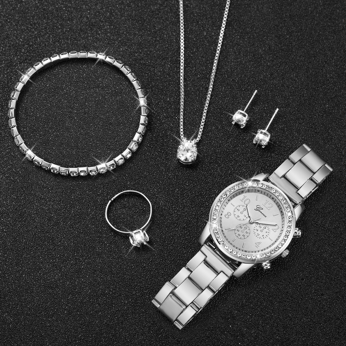 6 stks/set dameshorloge mode zilveren stalen band analoge quartz horloges diamanten sieraden set (zonder doos)