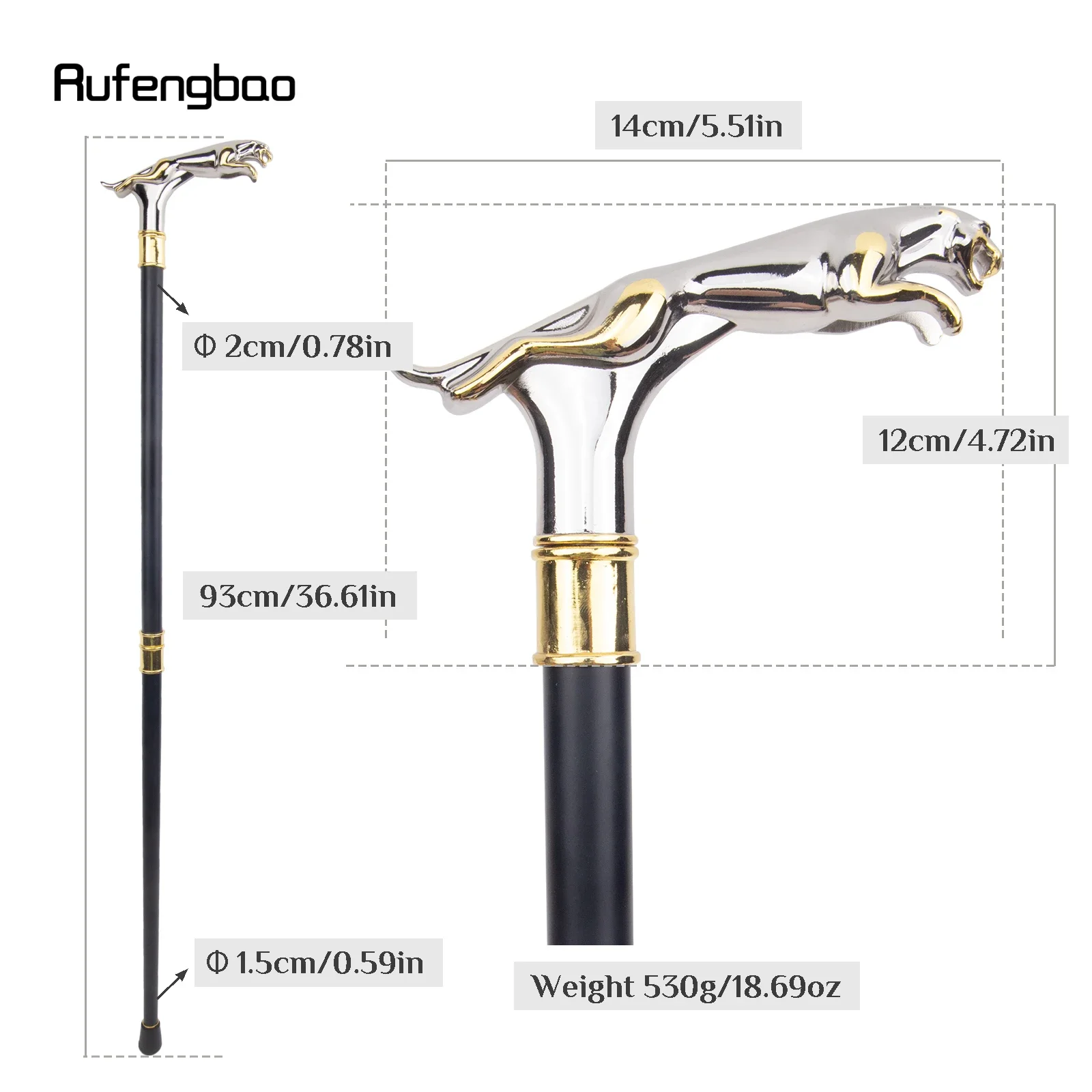 สีขาวเสือดาวสีทองพร้อมหางแฟชั่นเดิน Stick สําหรับตกแต่งเดิน Cane Elegant Crosier KNOB Walking Stick 93 ซม