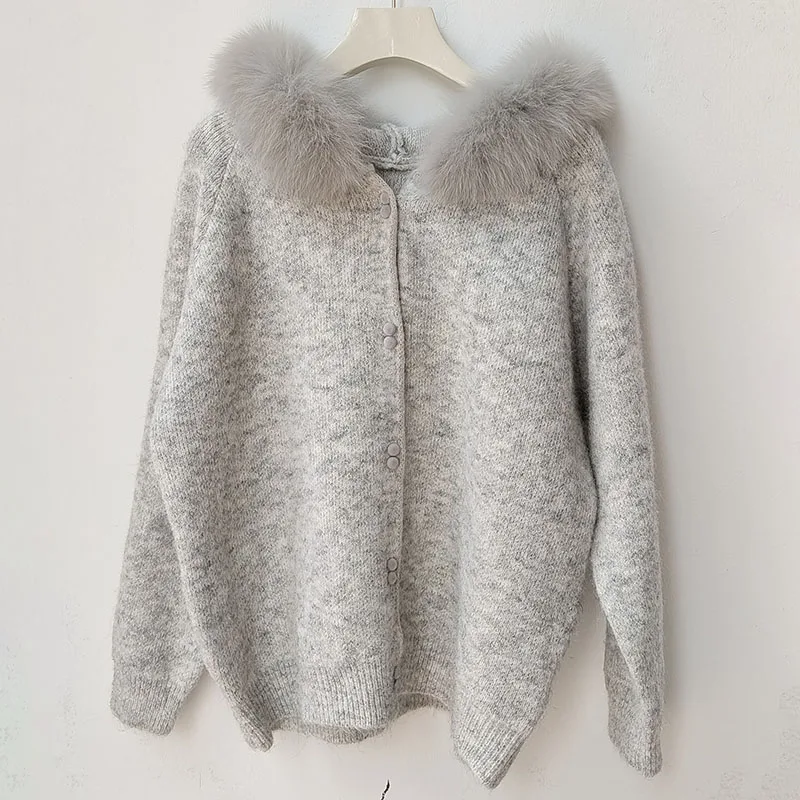 Feminino 2025 real pele de raposa com capuz guarnição cardigan com zíper moda manga longa camisola de malha curta com listra de pele real