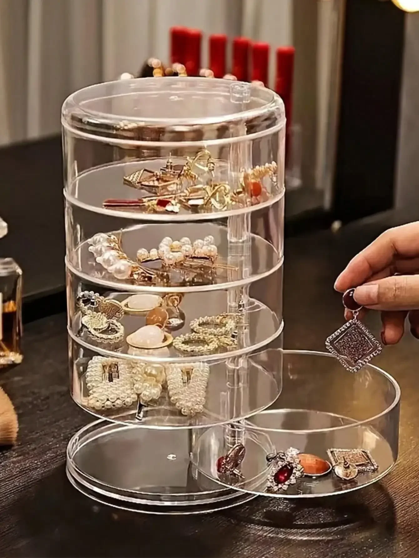1pc Stijlvol en grote capaciteit 3/4/5 lagen roterende sieraden opbergdoos voor vrouwen, transparante desktop organizer stofdicht haar