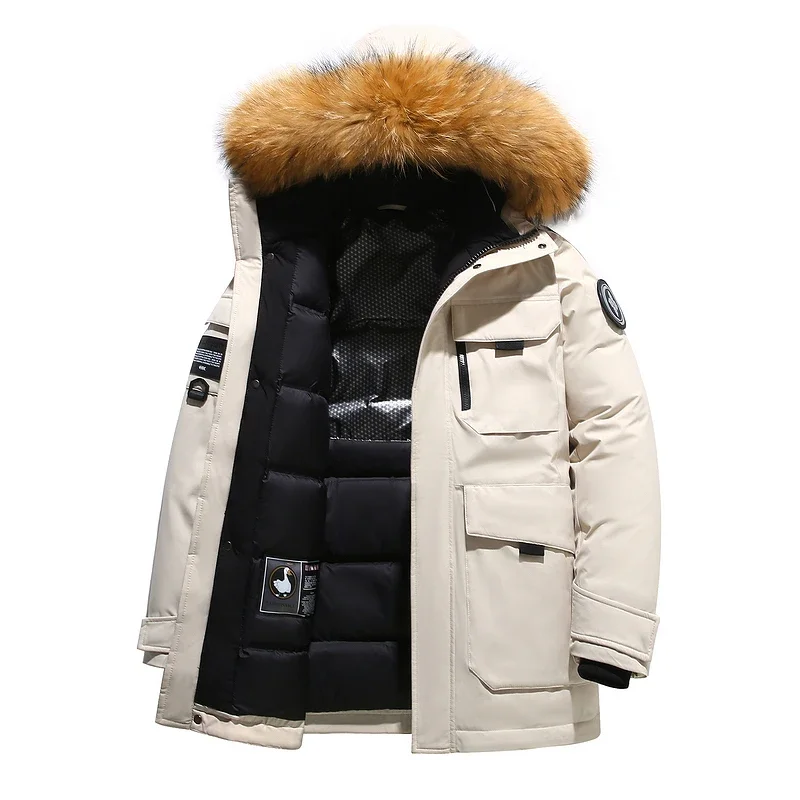 Zwart Donsjack 2024 Winter Gevoerd Wit Eendendons Bontkraag Met Capuchon En Casual Mode Dik Warm Geborduurd Design Parka