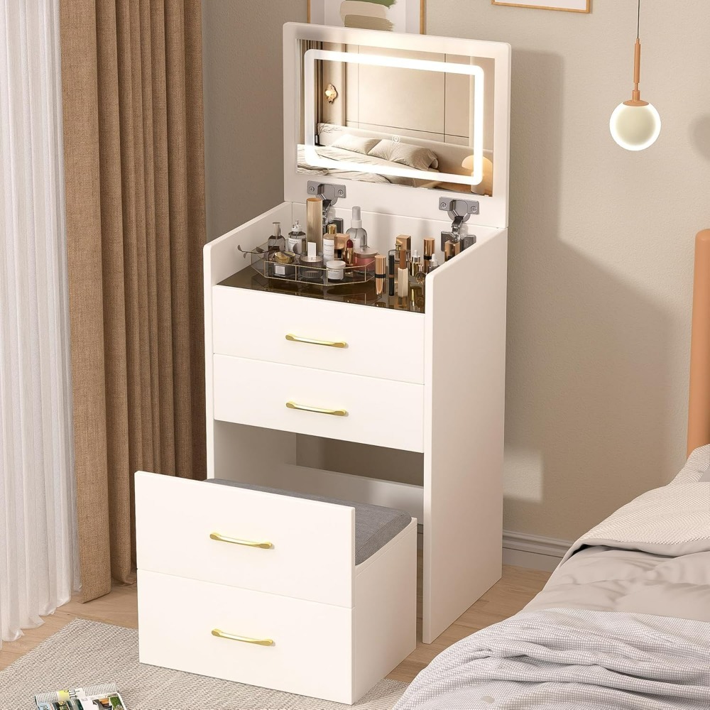 3 in 1 Vanity Desk with open Top Mirror, Make Up Set with Visible Glass Desktop, Makeup Vanity with 3 Drawers, Dressing Table