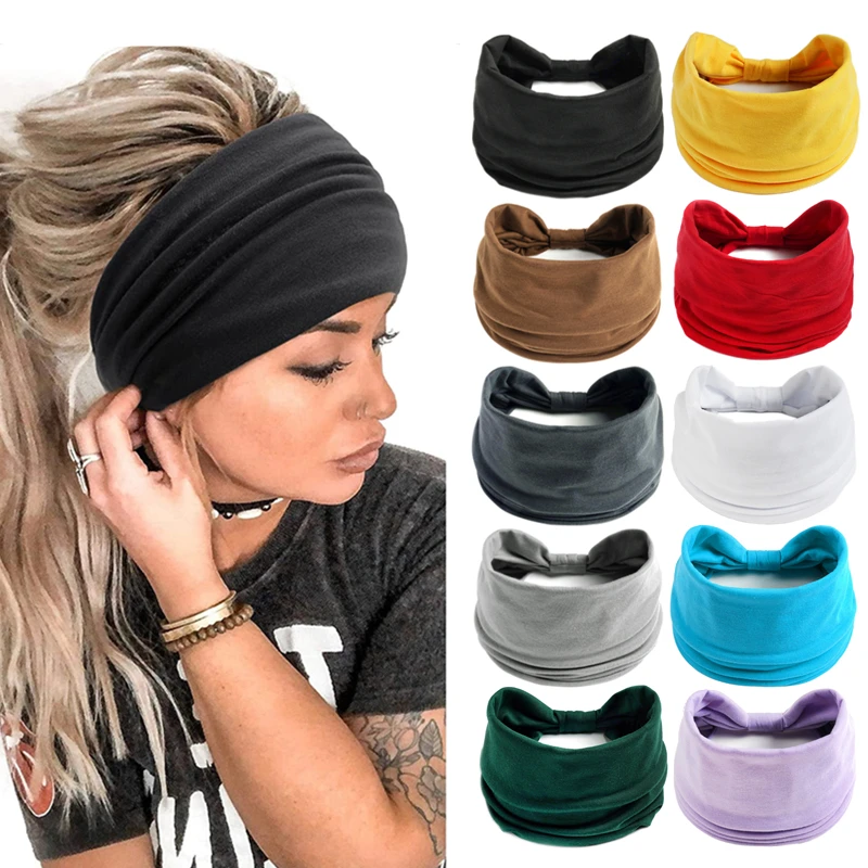 Nieuwe Boho Effen Kleur Brede Hoofdbanden Vintage Knoop Elastische Tulband Headwrap voor Vrouwen Meisjes Katoen Zachte Bandana Haaraccessoires