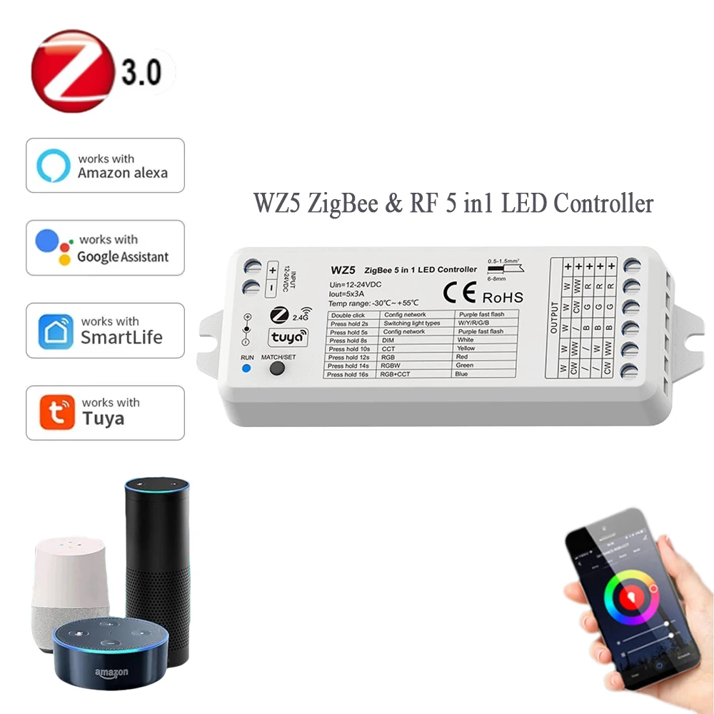 ZIGBEE Tuya RGBCCT LED Controller DC 12V 24V Dimmer 5CH RGBW RGB CCT Fahrer Stimme Smart control Unterstützung Smart Leben Alexa Echo WZ5