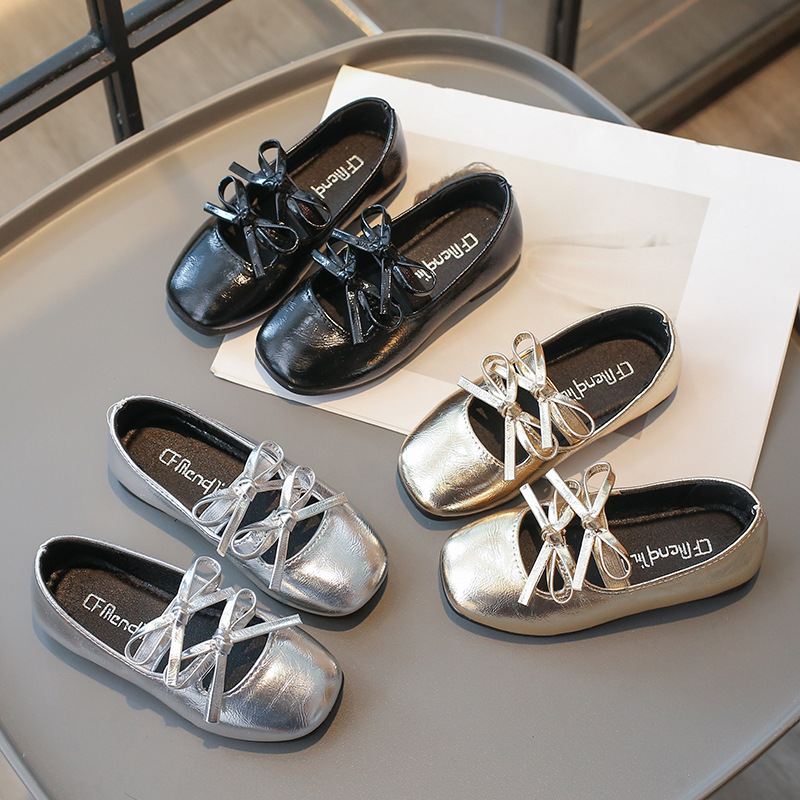 プリンセスシューズ女の子のための新 2024 ファッションダブルちょう結びシックな子供メリージェーンの靴ゴールドスライバースクエアトゥエレガントな子供フラット