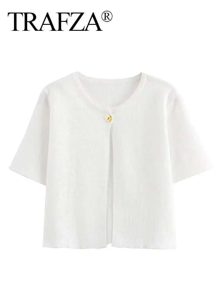 Trafza เสื้อโค้ทคาร์ดิแกนสีพื้นหรูหราสำหรับผู้หญิงแจ็คเก็ตแขนสั้นกระดุมโลหะบาง Baju rajutan Y2K ครอปเสื้อนอก