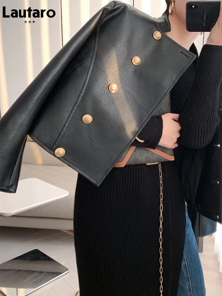 Lautaro-女性の合成皮革の春と秋のジャケット,茶色,黒,ダブルブレスト,豪華なデザイン,ファッショナブル