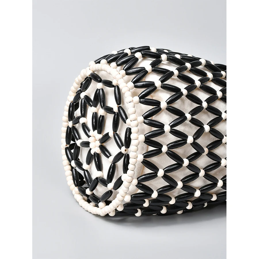 Bolso de mano tejido para mujer, diseño de verano, bolso de mano con cuentas de madera huecas, bolso de hombro tipo Bombonera, bolso de playa de lona con red reticulada para mujer