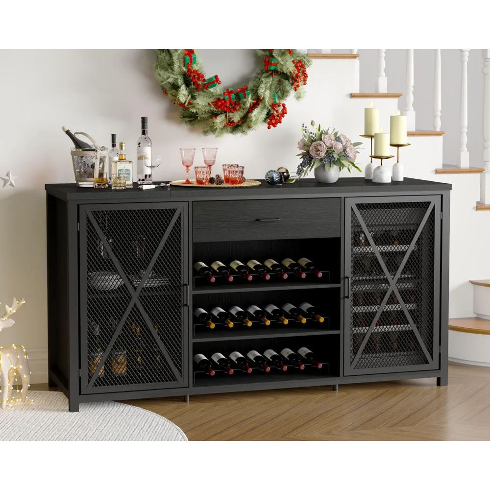 70 Inch Bar Cabinet with Fridge Space, Long Coffee Bars Wood Metal Large Wine Cabinet w/Rack, Big Wide with Drawer Storage