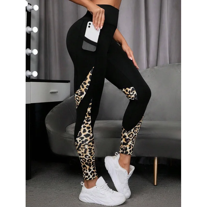 Frauen Gedruckt Yoga Leggings Leopard Spleißen Zusammen Leggings Hohe Taille Butt Lift Mode Fitness Laufen mit Tasche Legging