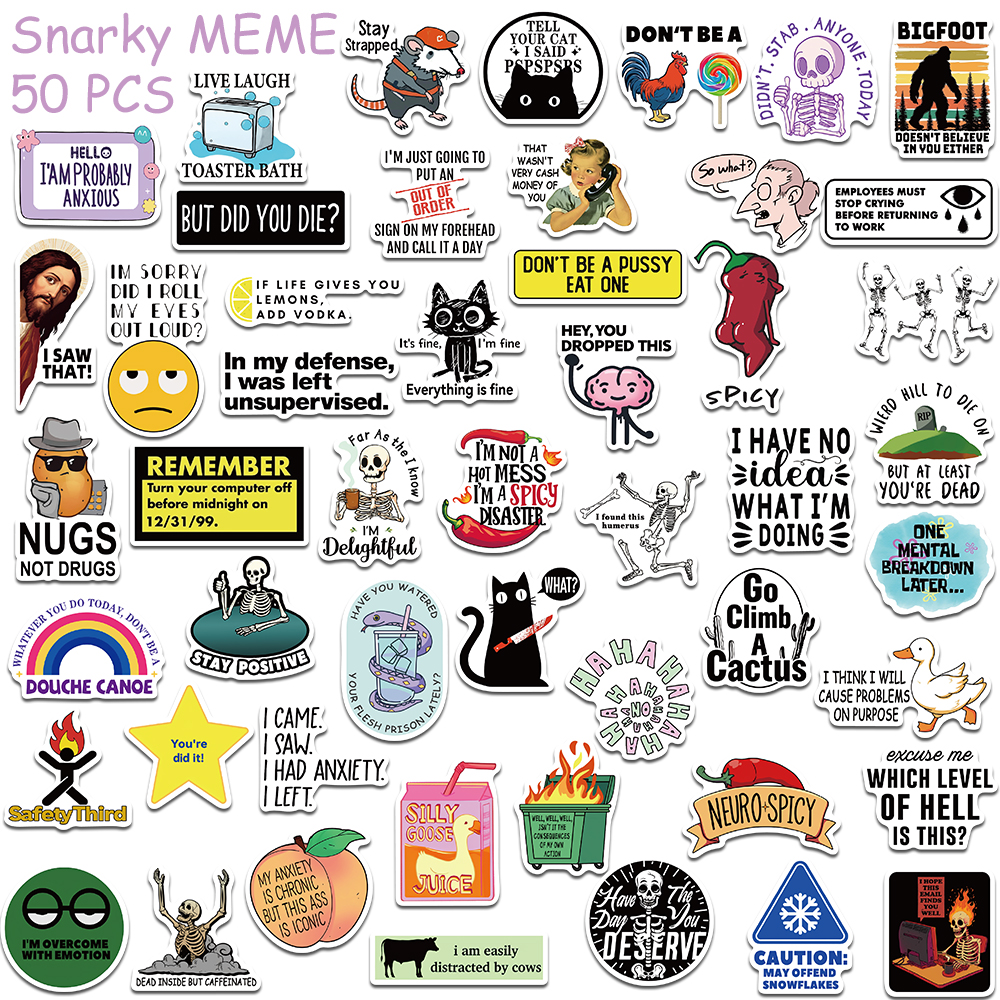 50/100pcs การ์ตูน Snarky MEME สติ๊กเกอร์สําหรับโทรศัพท์สมุดภาพสเก็ตบอร์ดกระเป๋าเดินทางตู้เย็น Graffiti ความงามสติกเกอร์