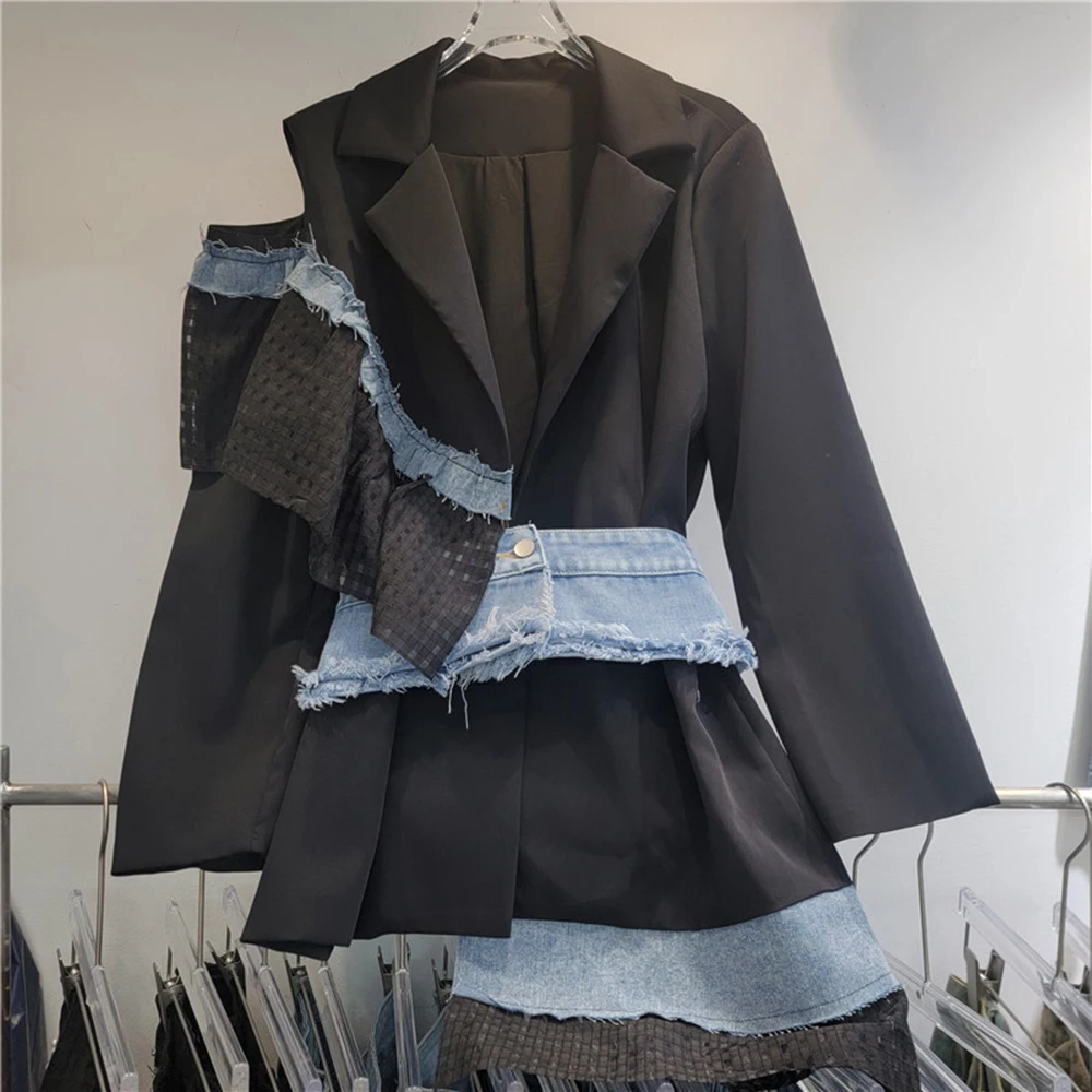 TWOTWINSTYLE Colorblock Hollow Out แจ็คเก็ตผู้หญิง Notched คอยาวแขนยาว Patchwork Denim แจ็คเก็ตวินเทจเสื้อผ้าหญิง