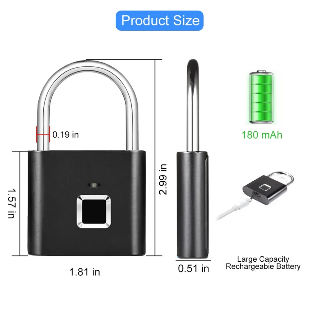 Keyless Smart USB Opladen Vingerafdrukslot Slim hangslot Waterdicht deurslot 0,3 sec Ontgrendel draagbaar antidiefstalhangslot Zink