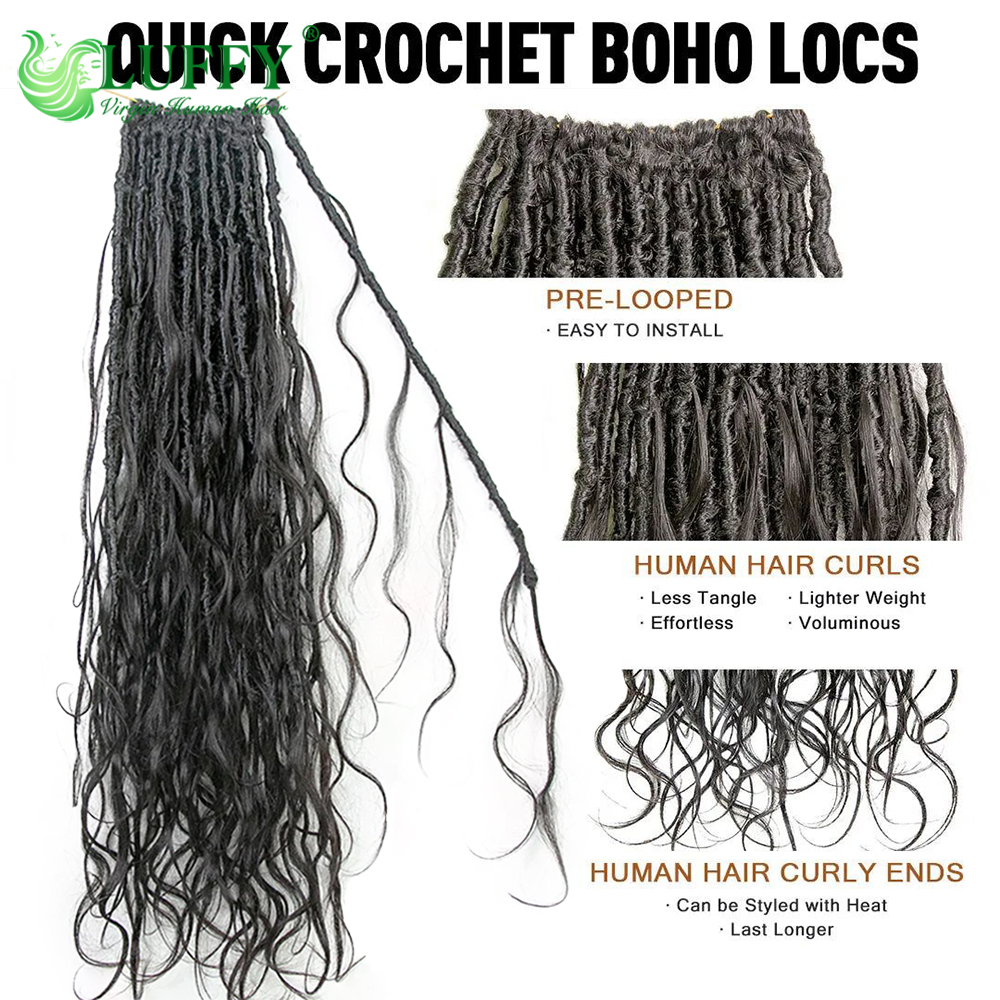 Crochet Locs Boho com cabelo humano, Ondulado Locs pré-looped, Trança sem nós, Body Wave, Full Ends, extensões