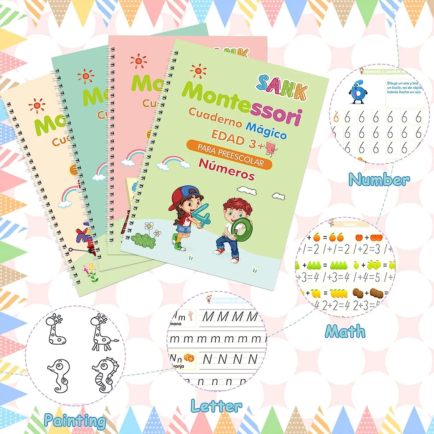 หนังสือ4เล่มเขียนมายากลในสมุดบันทึกการเขียนตัวอักษรภาษาสเปนของเล่นฝึกตัวอักษร