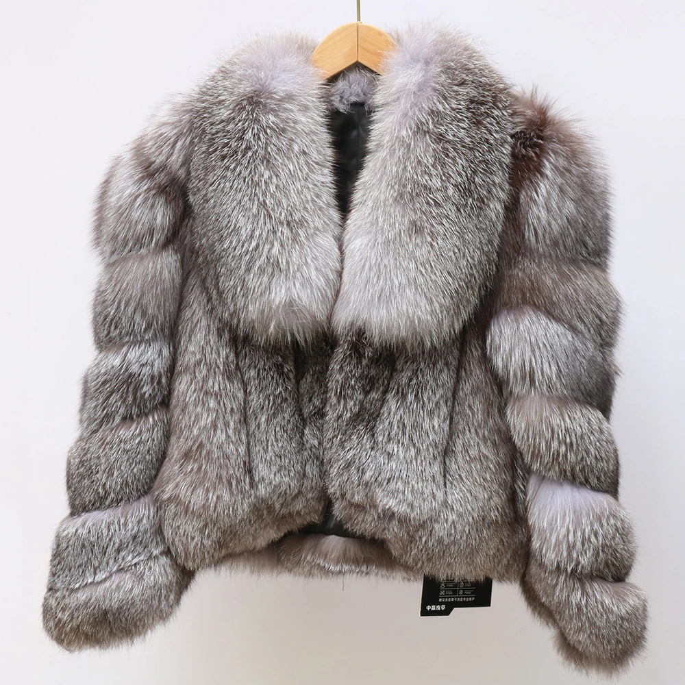 Winter frauen Natürliche Fuchs Pelzmantel Kurze Warme Hohe Qualität Silber Fuchs Pelz Jacke Große drehen-unten Kragen damen Mantel