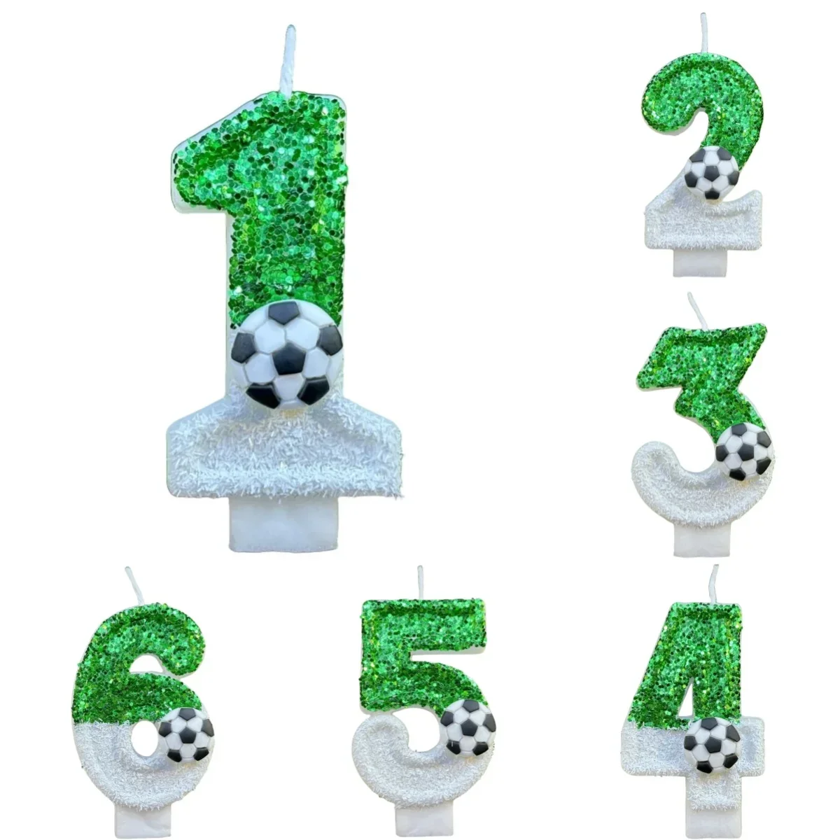 Velas de aniversário infantil de futebol, número 0-9, brilhos verdes, vela criativa de futebol para festa de menino, decoração superior de bolo