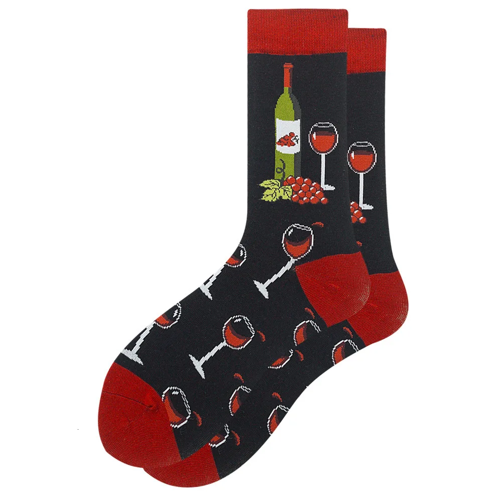 1 par de calcetines divertidos felices para hombre, calcetines informales creativos transpirables con estampado Harajuku, sello de copa de vino tinto, calcetines felices suaves y divertidos