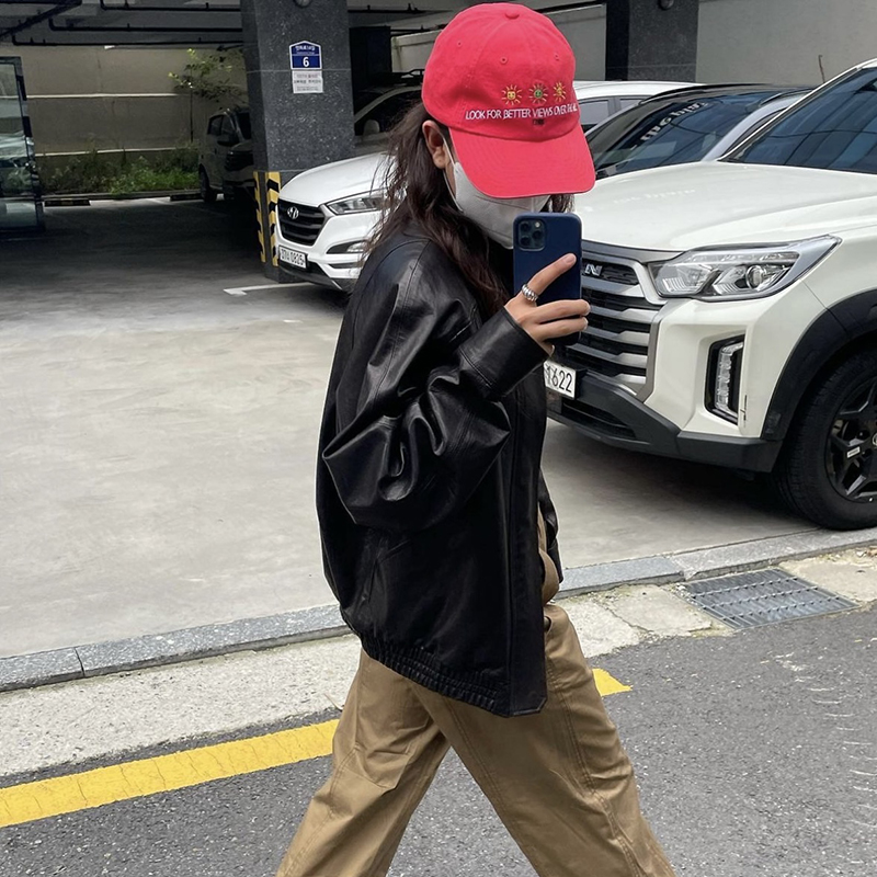 Ethos Slimming Black Biker Loose PU Short Leather Jacket Women's 2024 New Sle Commute Loose Fit Synthetic Leather Zipper