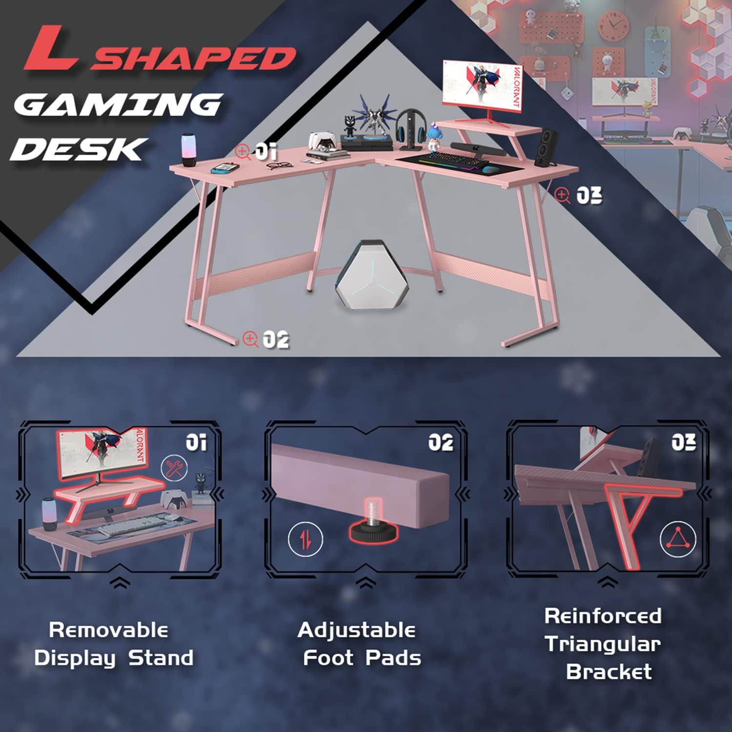HOT L Shaped Gaming Desk Computer Corner Desk PC Gaming Desk Table w/ Large Monitor Riser Stand for Home Office (Pink, 51 Inch)