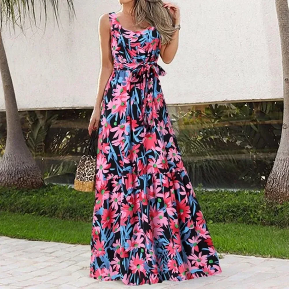 Lente/Zomer Dames L-5XL Plus Size Elegante Vierkante Hals Mouwloze Bedrukte Lange Jurk Mode Vrije Tijd Strand Vakantie Riem Lang