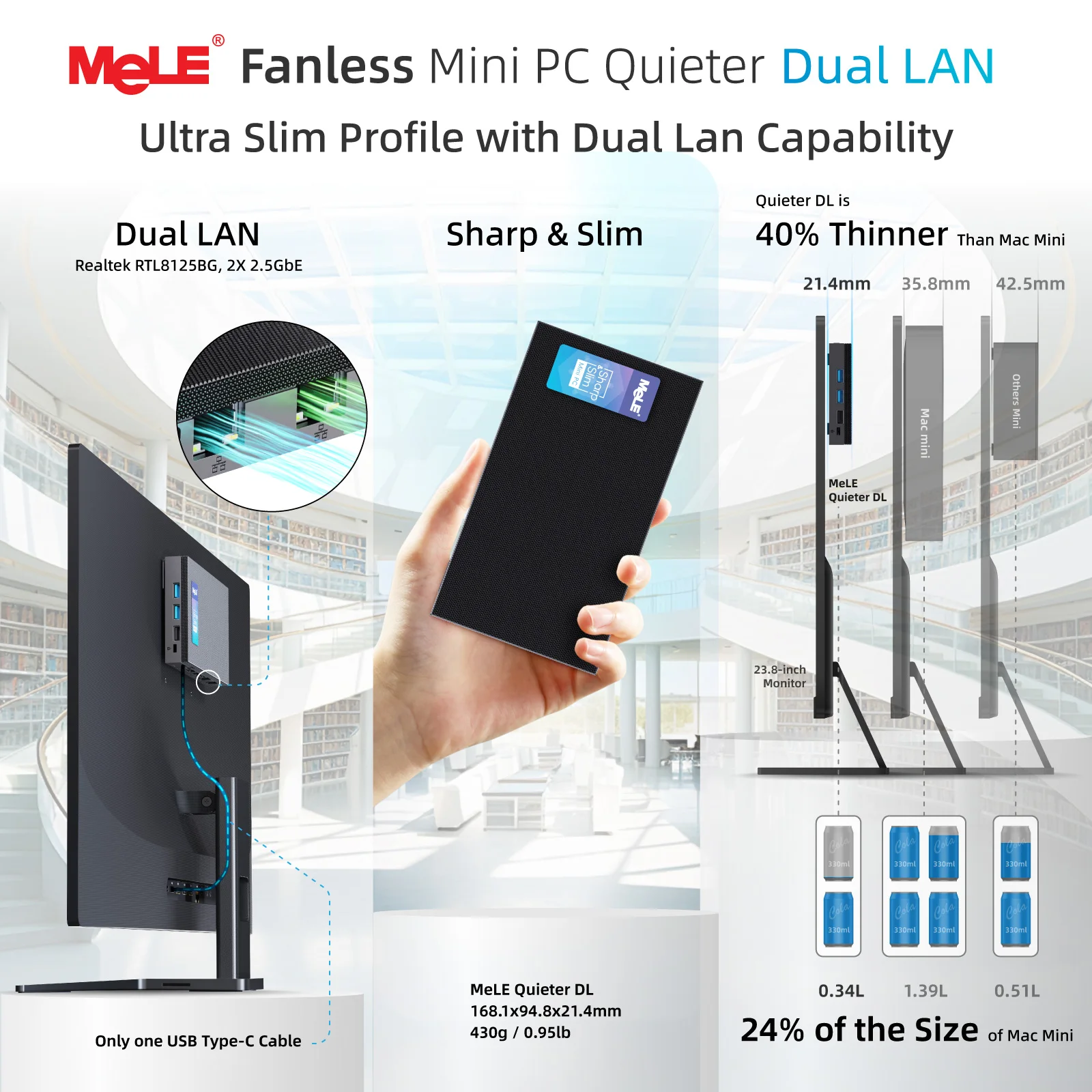 MeLE QuieterDL Fanless Mini PC 2.5Gb Dual LAN N100 Micro PC USB-C HDMI2.0+DP1.4 Triple Display Desktop Computers