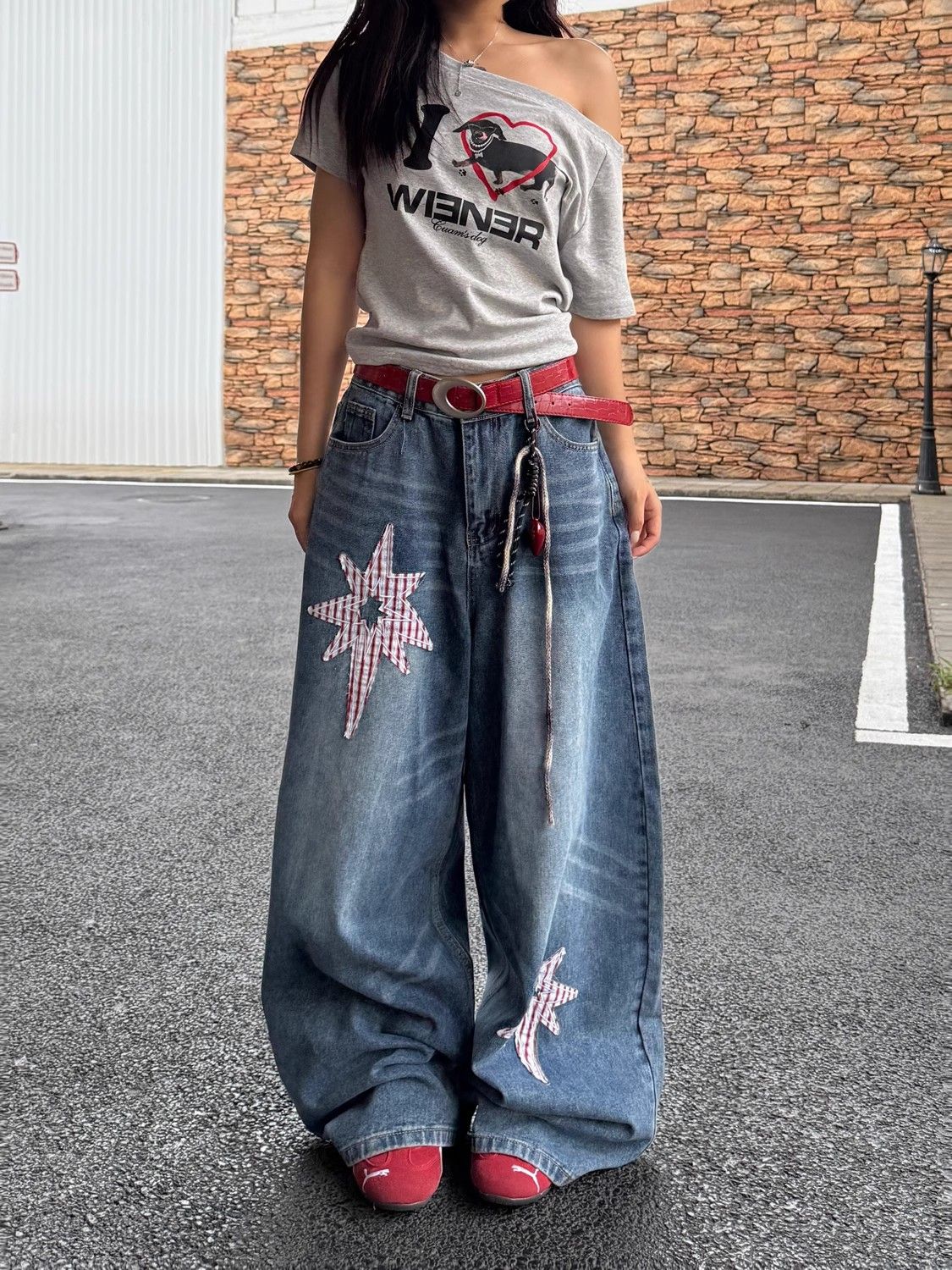 Calças Jeans Fenas de Tamanho ande com Bordado Retro Americano, Cintura Alta, Pernas Largas e Caimento Solto