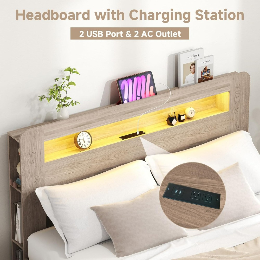 Queen Bed Frame with Headboard, LED Lights, Charging Station with 2 USB Ports & 2 AC Outlets, Sturdy Wood Framework, Noiseless