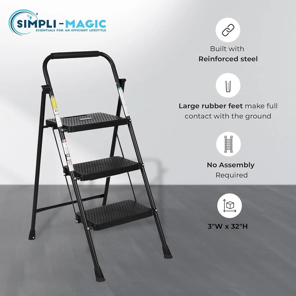 3-Step Folding Ladder 800lbs Capacity Non-Slip Wide Steps Handgrip ANSI Certified Lightweight Durable Portable Step Stool