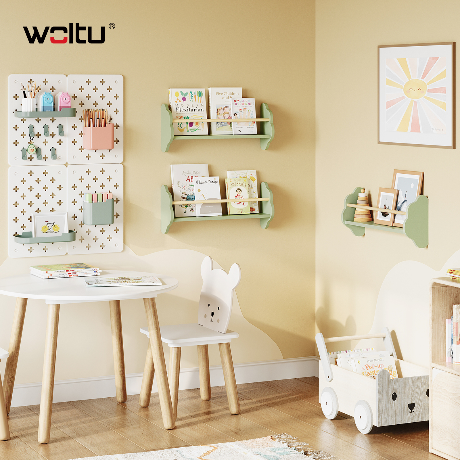 WOLTU 3PCS/Set Floating Wall Bookshelf for Book Storage Natural Wood Wall Shelf for Kid's Room Nursery Organizer Home Decoration