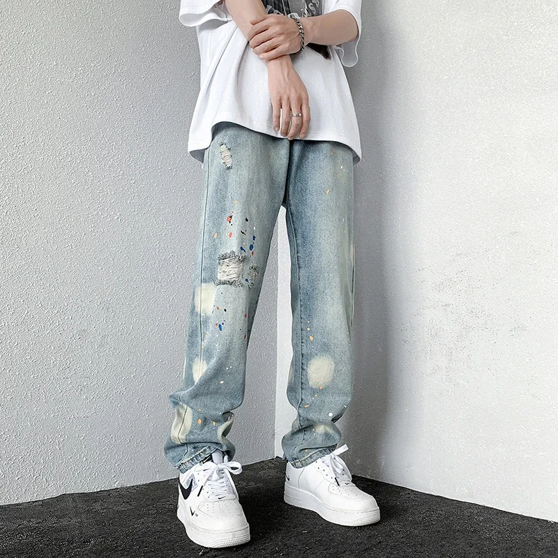 Herren Splashing Ink Ripped Baggy Jeans 2024, neue Hip-Hop-Mode, Graffiti-Löcher, gerades Bein, Denim-Hosen, Y2k-Streetwear-Jeans