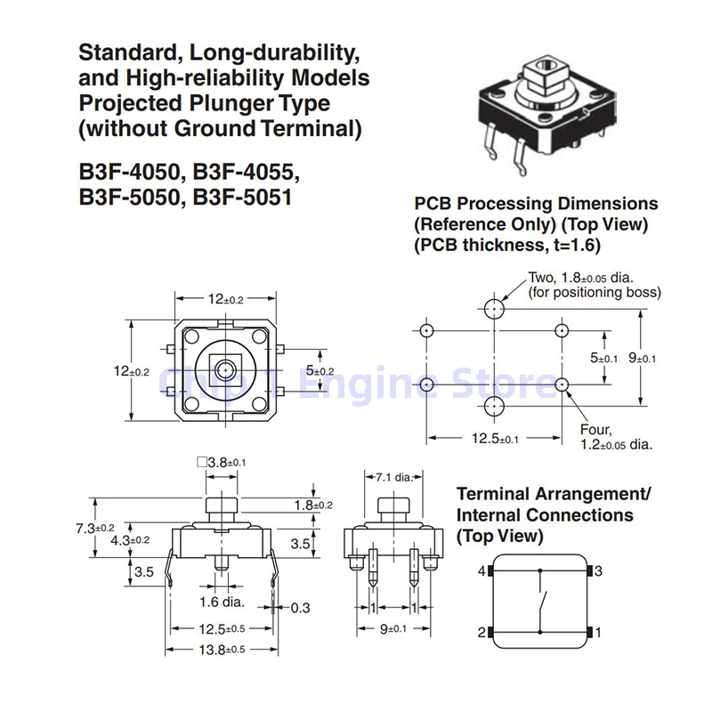 10/30/50/100 Uds interruptores táctiles originales B3F-4055 interruptor táctil de botón cuadrado amarillo 12*12*7,3mm para Micro interruptor omron