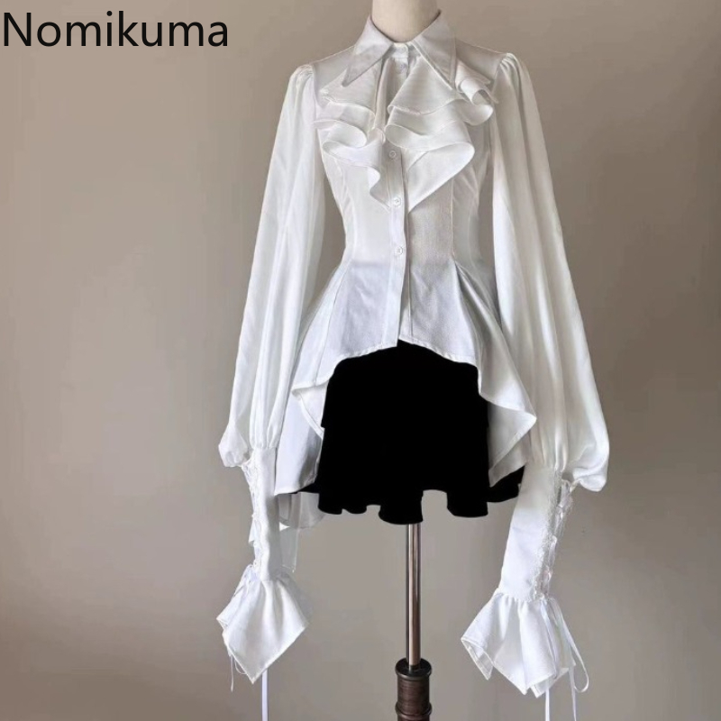Japanische Blusen im Lolita-Stil für Frauen 2024, Blusas Mujer De Moad, schmale Passform, ausgestellte Ärmel, weiße Hemden, Goth, unregelmäßige Blusen-Tops